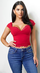 Solace Lace Trim Cap Sleeve Top - Red
