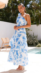 Odilie One Shoulder Maxi Dress - White/Blue Floral